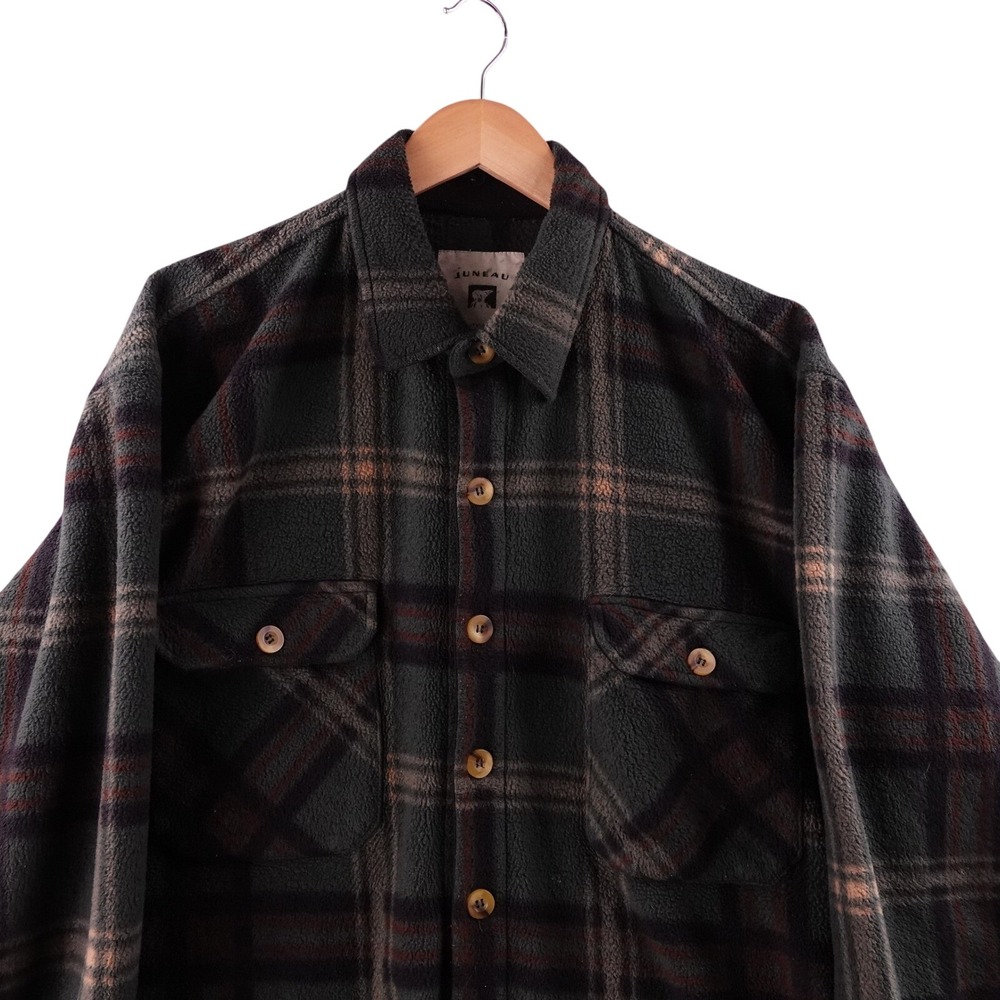 Juneau Plaid Fleece Shirt Jacket Mens XL Green Brown Outdoor Casual Warm Flannel